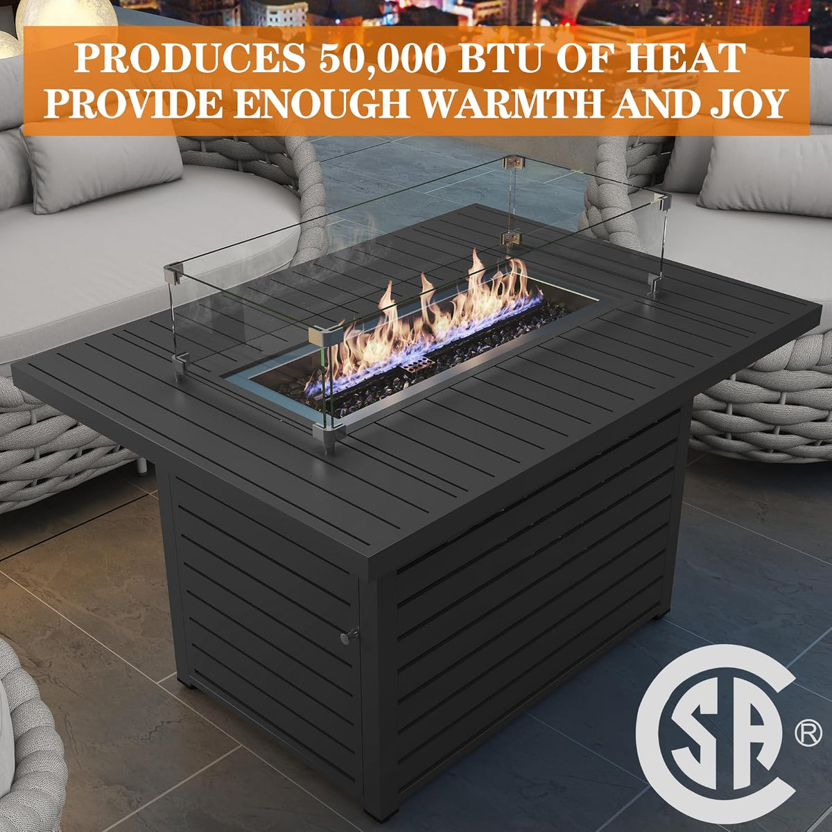 43.3 inch Outdoor Propane Fire Pit 2 in 1 Firepit Table Gas Fire Pit Table with Lid, Glass Wind Guard Rectangle Gas Firepit Table for Garden/Patio, CSA Certification (Dark Grey)