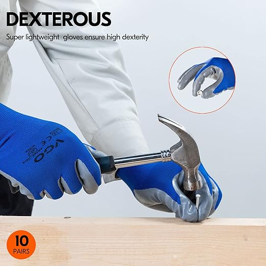 Vgo... 10-Pairs Safety Work Gloves, Gardening Gloves, Non-slip Nitrile coating, Dipping Gloves (Size M, Blue, NT2110)