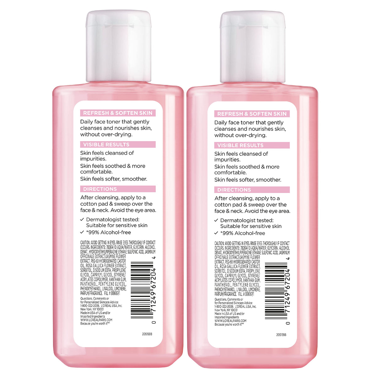 L'Oreal Paris Skincare HydraFresh Toner Face Toner with Pro-Vitamin B5 for a Smoother, Brighter Complexion, 2 Count