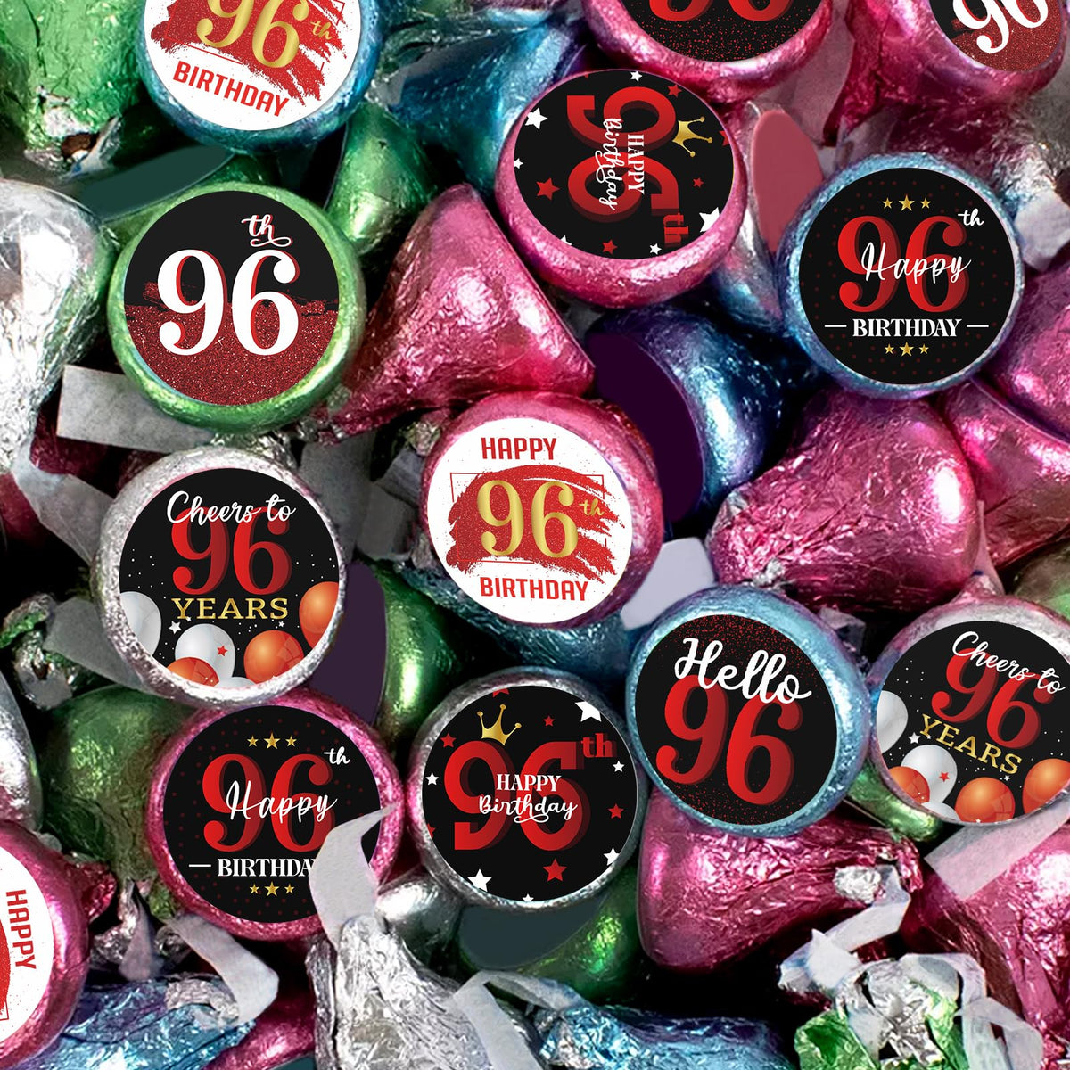 Happy 96th Birthday Party Favor Labels Chocolate Candy Stickers - 96 Years Old Birthday Round Candy Sticker Party Favors - Black and Red - 150