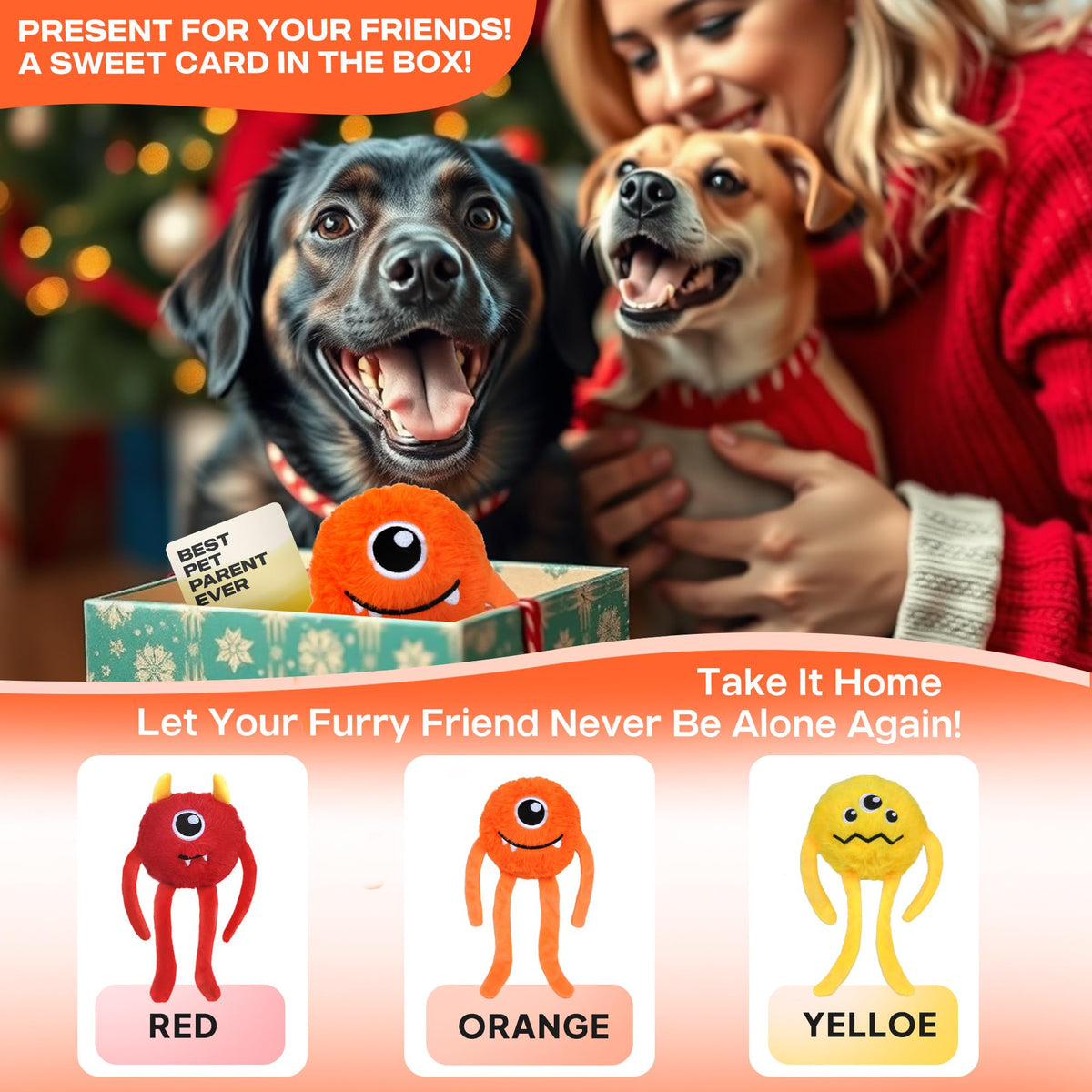 Fida Dog Toys for Aggressive Chewers, 3 in 1, Tough Squeaky Ball, Orange