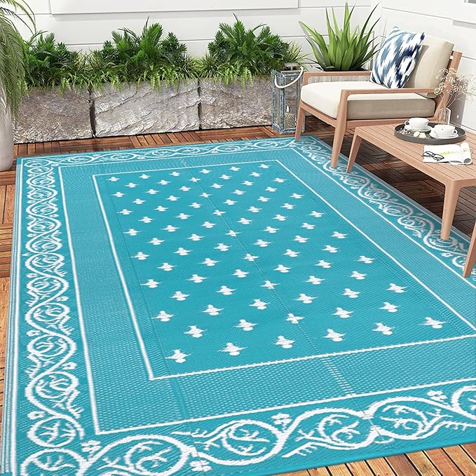 Pauwer Waterproof Outdoor Rug 9x12, Reversible Plastic Straw Patio Camping Rug, Indoor Outdoor RV Mat Carpet for Deck, Camper, Porch, Balcony, Backyard, Picnic, Bordered Teal