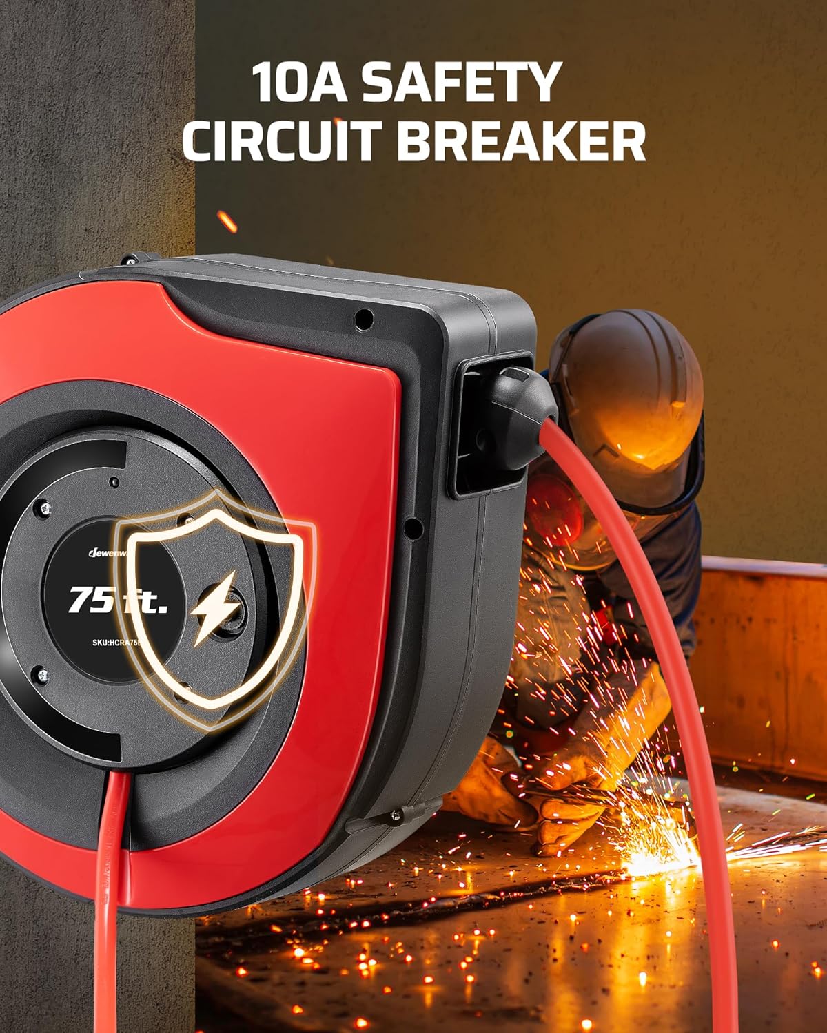 DEWENWILS Retractable Extension Cord Reel, 75 FT Heavy Duty Power Cord, 14/3C SJTOW Retractable Cord Reel, Lighted Triple Outlets, 10A Circuit Breaker, Wall/Ceiling Mount, UL Listed, Red