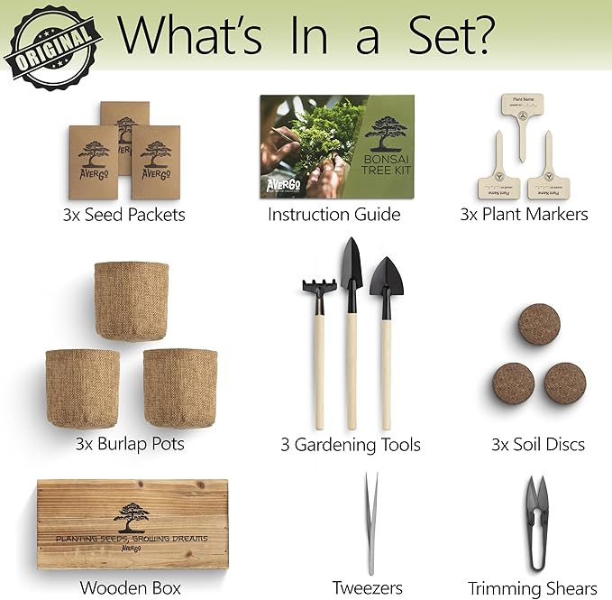 Bonsai Tree Kit – 3X Unique Japanese Bonzai Trees | Complete Indoor Starter Kit for Growing Bonsai Plants with Tools & Planters – Gardening Gifts for Women & Men