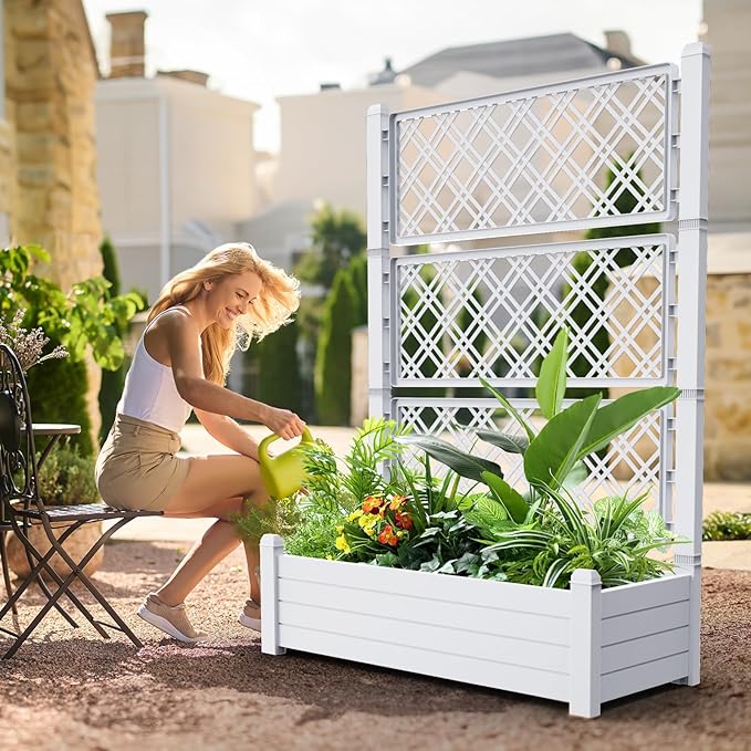 59.3in Planter Box Trellis, Large Outdoor Plastic Raised Garden Bed with Drain Plug for Climbing Plants(Ashen,43.43 * 18.27 * 59.29)