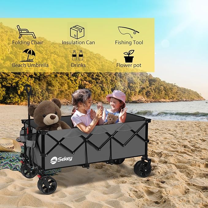 Sekey 48''L Collapsible Foldable Extended Wagon with 440lbs Weight Capacity, Heavy Duty 300L Folding Utility Garden Cart with Big All-Terrain Beach Wheels & Drink Holders. Grey