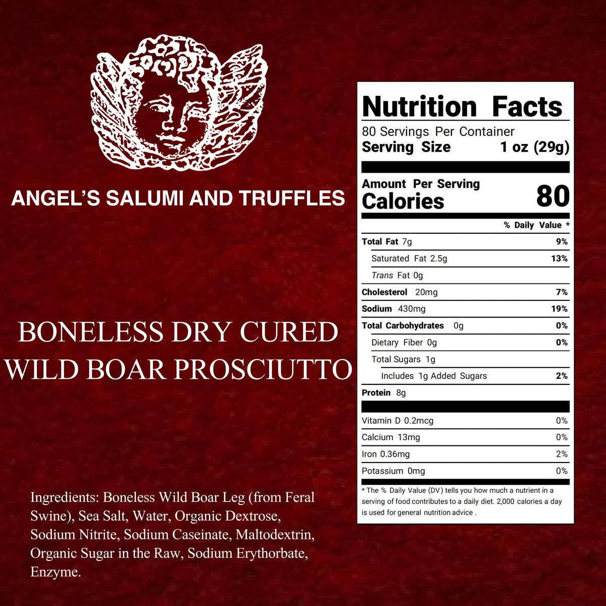 Angel's Salumi Dry-Cured Wild Boar Prosciutto - 4.5 lb Gourmet Artisanal Charcuterie - Antibiotic & Hormone-Free, No MSG or Phosphates
