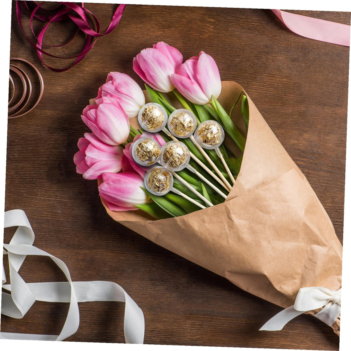 IWOWHERO 100pcs Chocolate Cups with Sticks Truffle Candy Holders for Bouquet for Valentine Day and Special Occasions