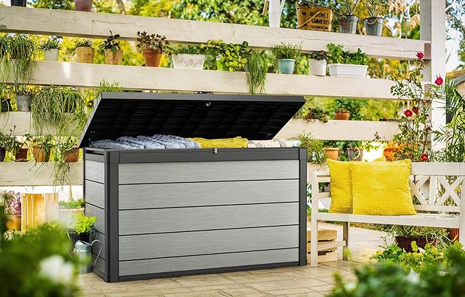 Keter Denali 200 Gallon Resin Large Deck Box with Double Wall 20mm Panels - Paintable and Drillable-Organization and Storage for Patio Furniture and Outdoor Items, Grey & Black