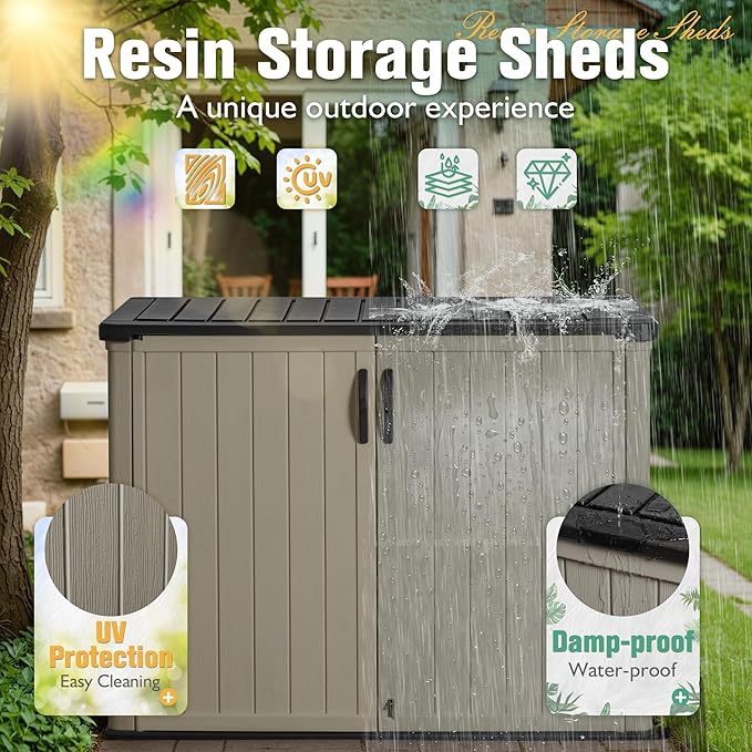 Greesum Outdoor Horizontal Storage Sheds 27 Cu.ft Resin Large Storaged Box Weather Resistance, Without Shelf, Easy to Assemble, Prefect for Garden, Patios, Backyards, Beige