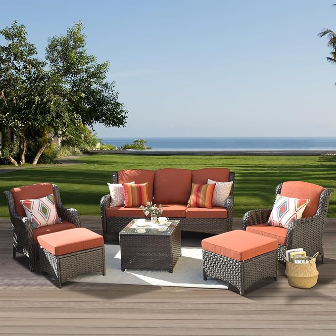 ovios 6 Pieces Patio Furniture Set, Outdoor Wicker Sofas with Glass Coffee Table and Comfy Cushions, All Weather High Back Couch Set for Deck Porch, Brown Rattan, Orange Red