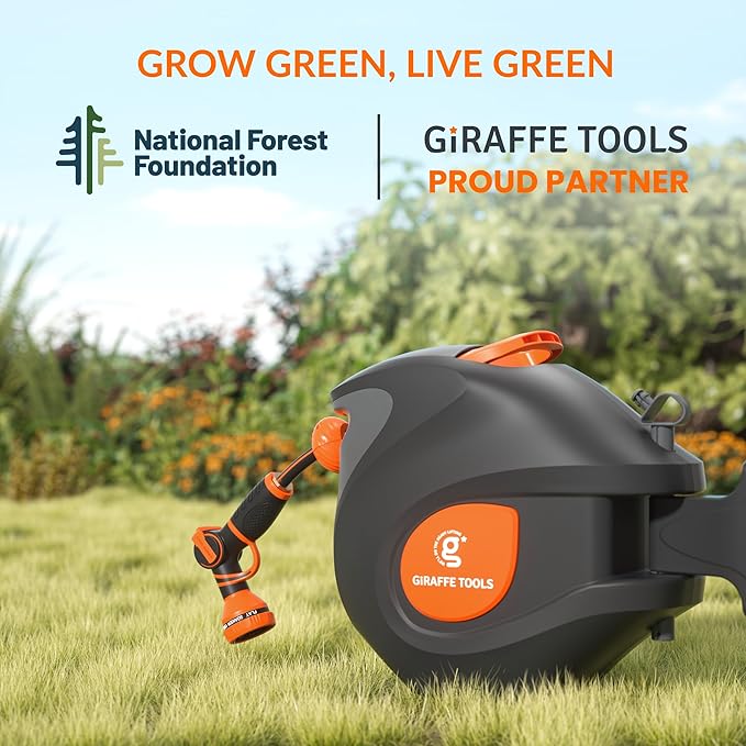 Giraffe Tools BW35 Retractable Garden Hose Reel | Wall-Mounted, Automatic Rewind, 100ft 1/2" Hose with 9-Pattern Spray Nozzle | Outdoor, Lawn, Garden & Car Cleaning Use