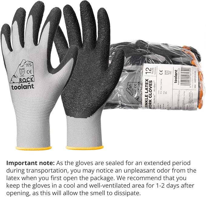toolant Crinkle Latex Work Gloves Bulk, Rubber Coated Safety Work Gloves for Men and Women, 12 Pairs for Construction, Gardening, Warehouse (Gray, XL)