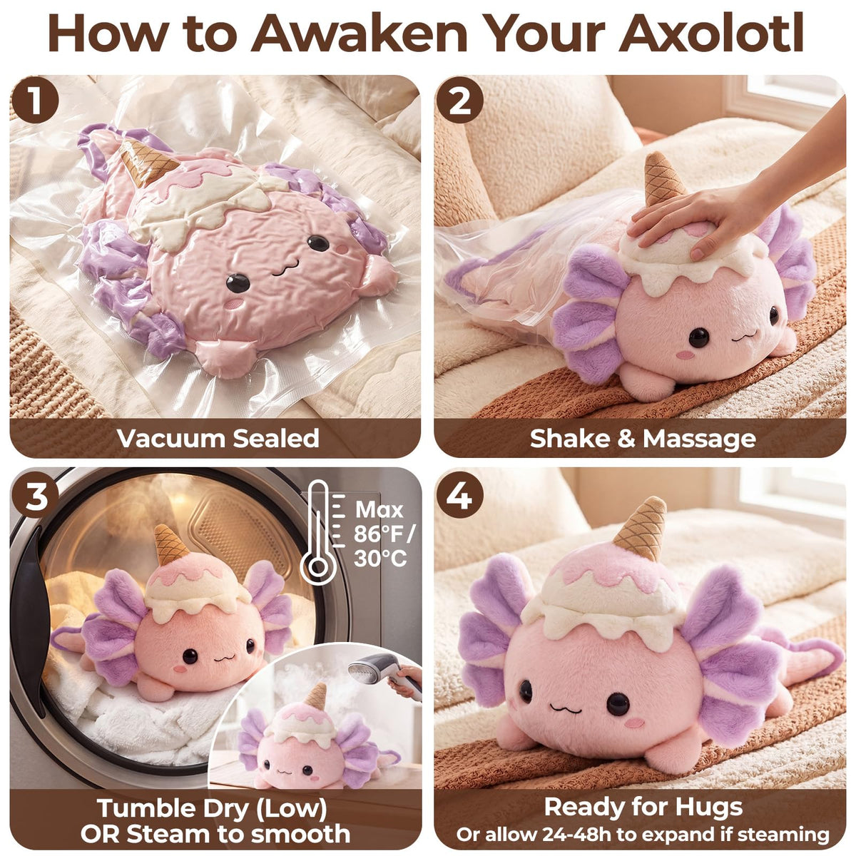 Mewaii Ice Cream Axolotl Plush Pillow, Squishy & Huggable Plushies, 13 in