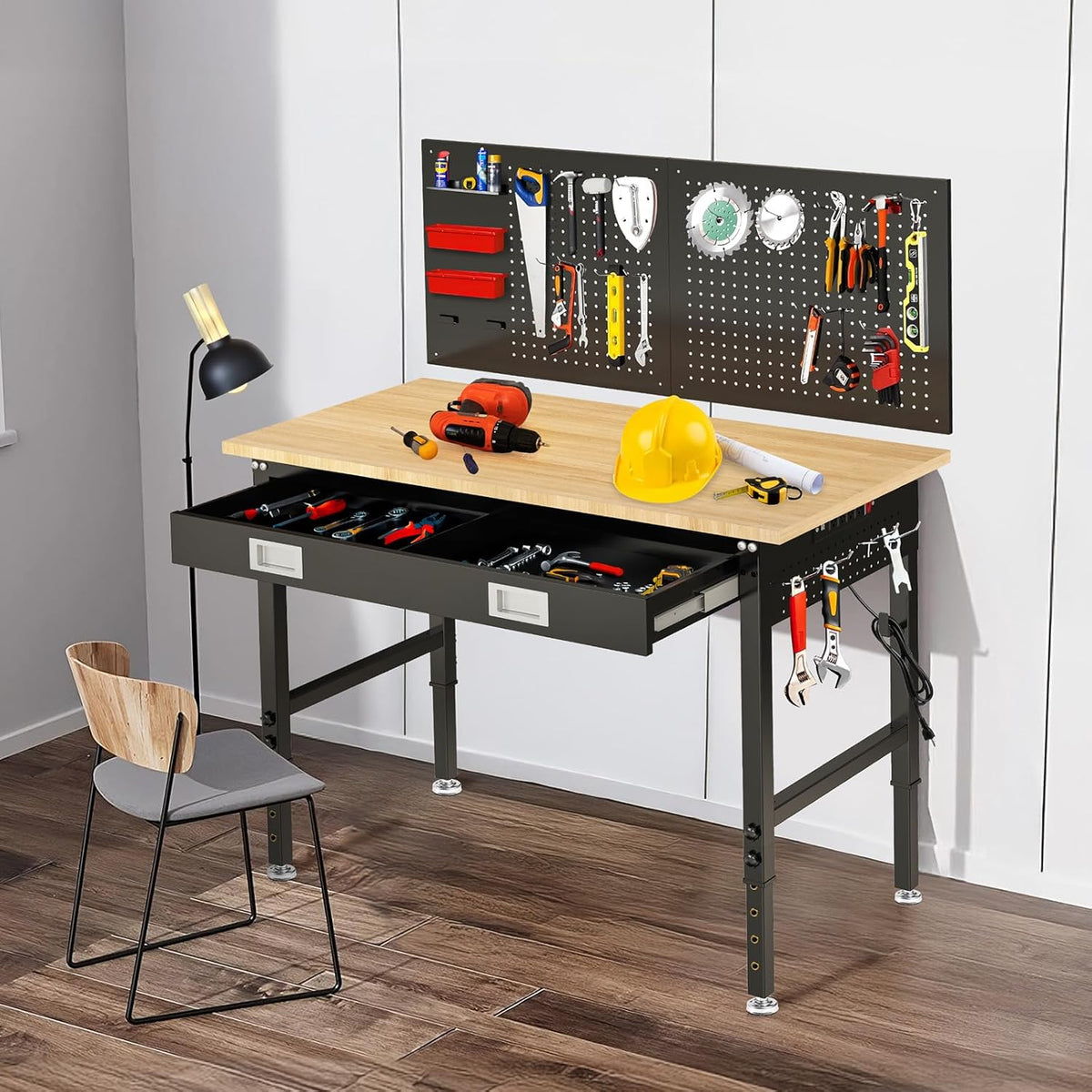 48" Workbench for Garage with Drawers Rubberwood Tabletop Work Table with Pegboard, Power Outlets Adjustable Height Work Bench for Office, Woodworking Shop, Home