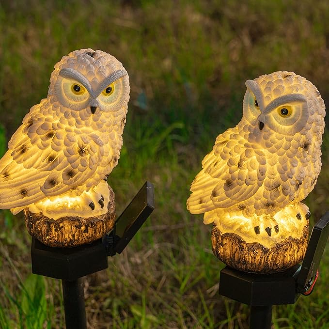 Dazzle Bright 2 Pack Owl Figure Solar LED Lights, Resin Garden Waterproof Decorations with Stake for Outdoor Yard Pathway Outside Patio Lawn Decor to Scare Birds Away, Gifts for Women, Owl Lovers