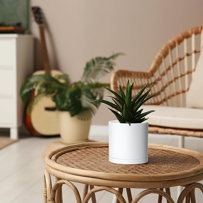 D'vine Dev 6 Pack 5 Inch Modern Plastic Plant Pots, Small Garden Planters for Plant with Drainage Holes and Saucers, White Color, 74-Z-G-3