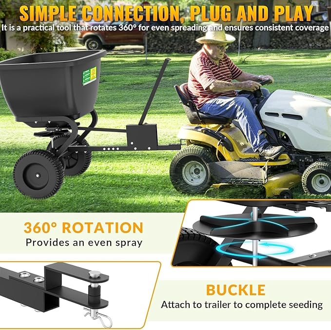 Tow Behind Broadcast Spreader, 200 LB Capacity,Fertilizer Spreader Holds up to 550 lbs with 13" Pneumatic Tires and Adjustable Flow Control Lever,for Fertilizer, Grass Seed, Salt, Ice Melt, Lawn