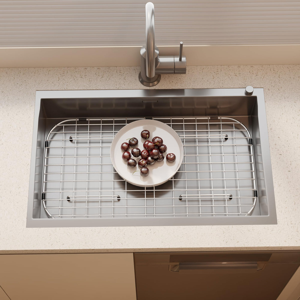 BOMD Sink Protector Grid 26-1/16" x 14-1/16", Centered Drain with Corner Radius 3-1/2" for Kitchen Sink Centered Drain with Corner Radius, 304 Stainless Steel Material