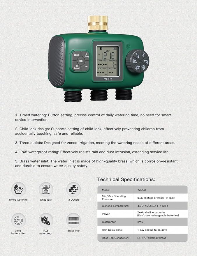MOES 3 Outlet Sprinkler Timer, Brass Inlet, Programmable Automatic Irrigation Controller, Rain Delay, Manual Watering, 3 Zone Water Hose Timer for Gardens, Lawns, and Hose Systems