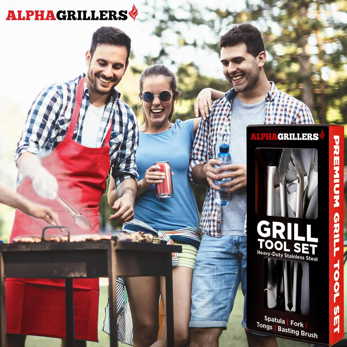 Alpha Grillers Grilling Accessories - BBQ Accessories Grill Gifts for Men Dad Him Husband Son Boyfriend Birthday - Barbecue Grilling Tools Utensils Set with Spatula, Fork, Brush, Tongs Kit
