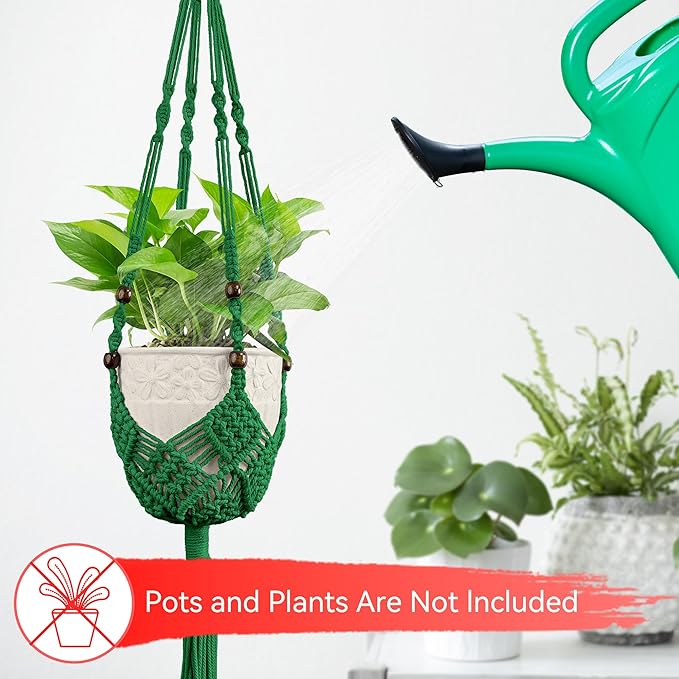 USLAI Macrame Handmade Basket Plant Hanger (2-Pack), for 3-8 Inch Pots, Indoor Outdoor Strong Hanging Planter Flower Pot Holder with Beads and Tassels, Boho Home Decor (POTS NOT Included) (Green)