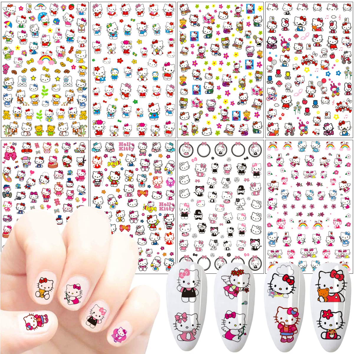 8 Sheets Cartoon Nail Stickers 3D Self-Adhesive Nail Decals Nail Art Supplies Designer Nail Stickers For Women Girls Nail Design