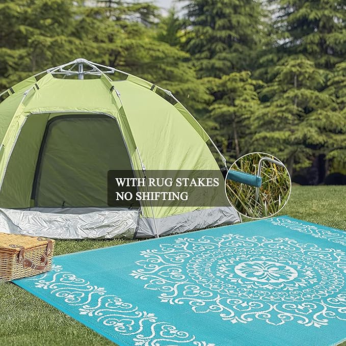 Pauwer Waterproof Outdoor Rug 6x9, Reversible Plastic Straw Patio Camping Rug, Indoor Outdoor RV Mat Carpet for Deck, Camper, Porch, Balcony, Backyard, Picnic, Floral Teal