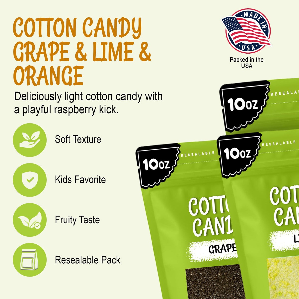 Oh! Nuts Cotton Candy Sugar Floss, Orange Grape Lime, 10oz 3-Pack