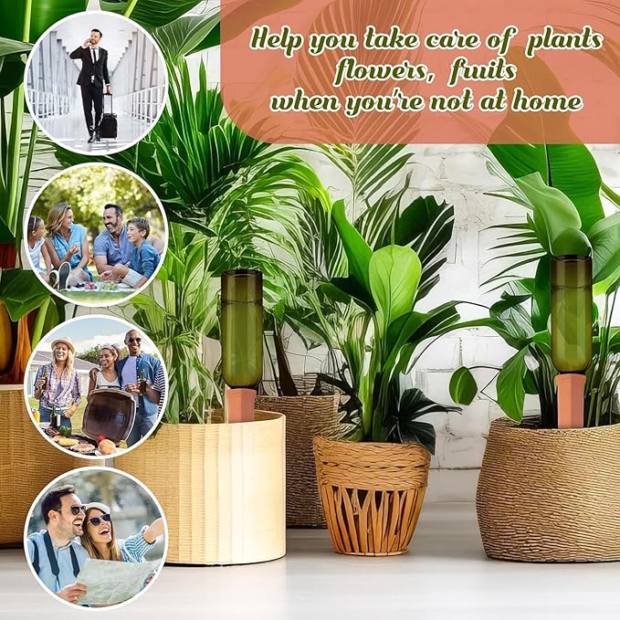 3 Sets Plant Watering Devices Include Terracotta Self Watering Spikes and 26 oz Plastic Bottles, Slow Release Vacation Insert Automatic Plant Waterer Device (Green and Terracotta)