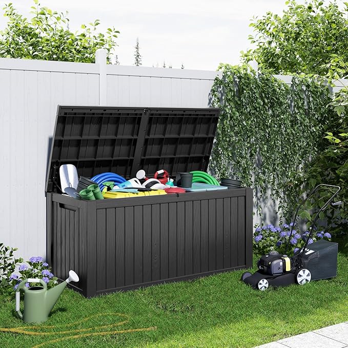 180 Gallon Resin Deck Box, Lockable Patio Outdoor Storage Box for Furniture, Garden Tools and Tools Storage, Waterproof Outside Storage Boxes - Black