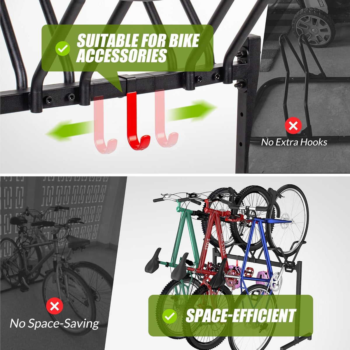 3 Bikes Floor Stand, Adjustable Bicycle Parking Rack with Hook for Garage, Indoor, Outdoor, Metal Cycle Storage Organizer Rack for Mountain, Road and Kids Bikes, Max Tire Width 2.5”, Black