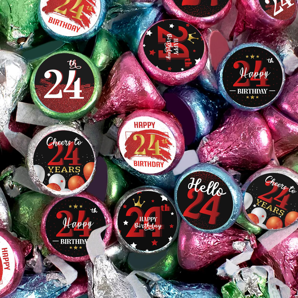 Happy Birthday Party Favor Labels Chocolate Candy Stickers - Round Candy Sticker Party Favors - Black and Red - 150 Stickers (24)