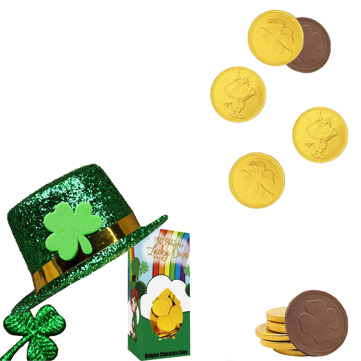 The Dreidel Company St. Patrick's Day Lucky Belgian Milk Chocolate Gold Coins, Nut-Free, Kosher Certified Dairy, Leprechaun Box (20 Pounds (Bulk))
