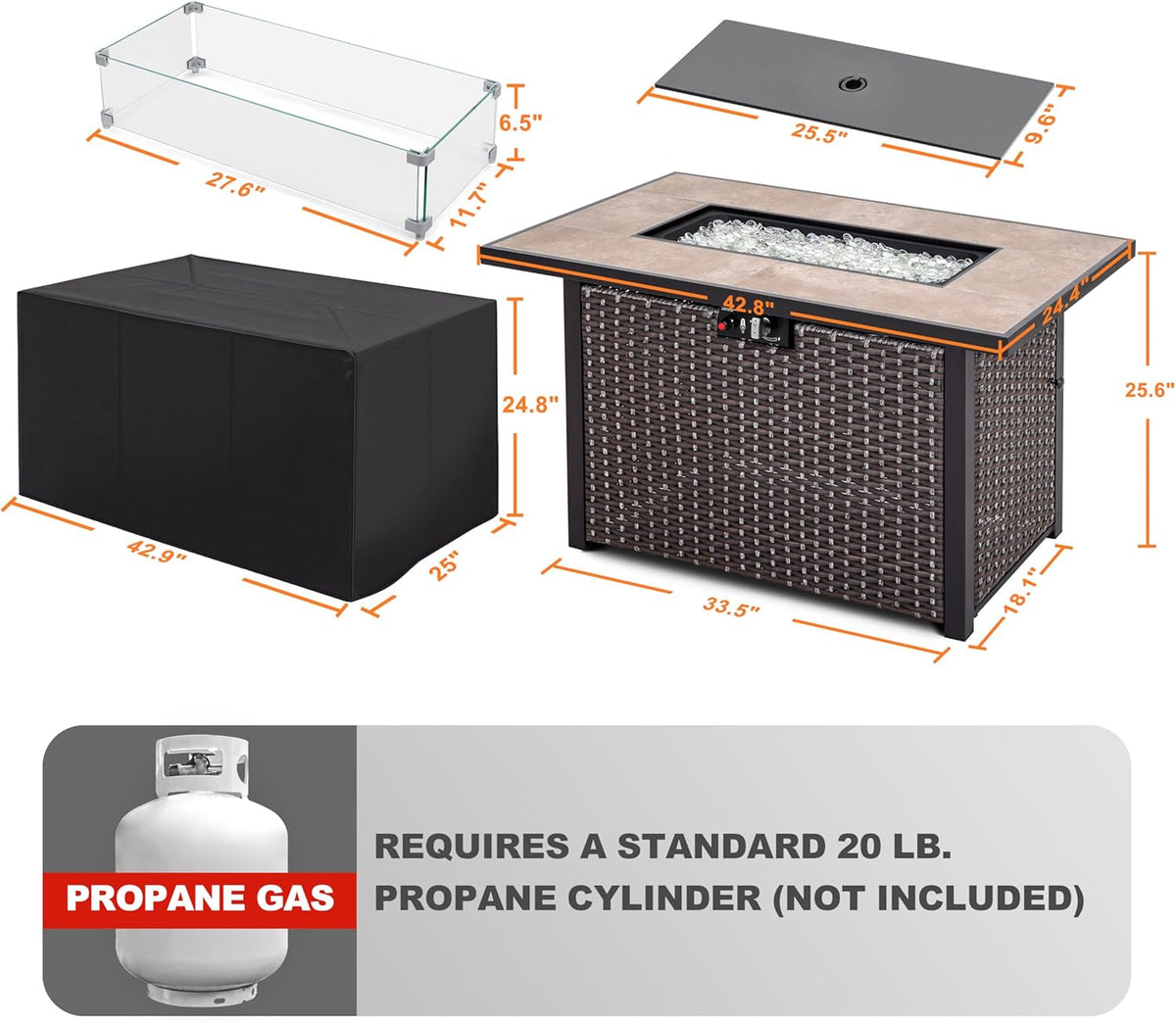 Nuu Garden 43" Propane Fire Pit Table, CSA Certified 50,000 BTU Outdoor Patio Propane Fire Pit Table with Fire Pit Wind Guard, Removable Lid, Ceramic Tabletop, Water-Proof Oxford Cover, Dark Brown