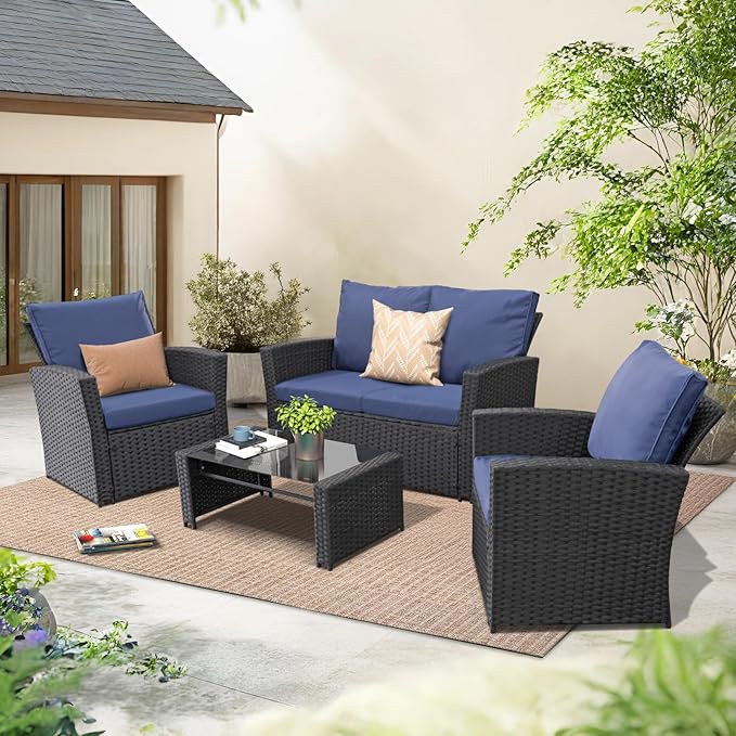 4 Piece Outdoor Patio Furniture Set,Wicker Conversation Sets Outdoor Sectional Patio Sofa Couch with Cushions & Coffee Table for Outside, Garden, Balcony, Porch,Black/Blue