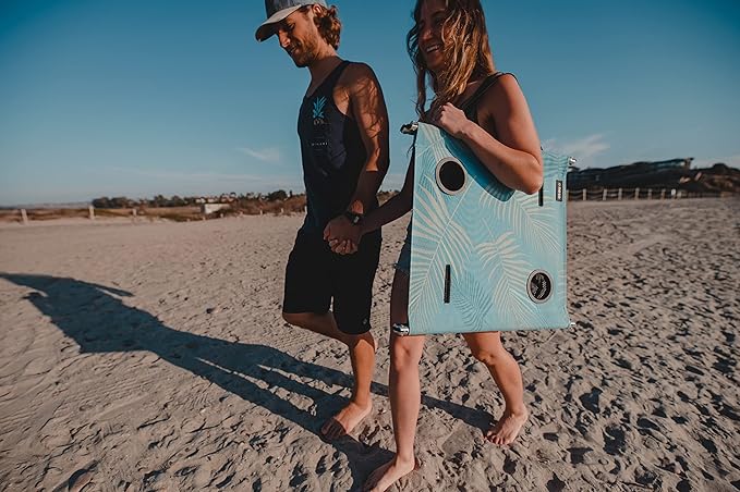 Neso Portable Beach Table with Cup Holders, Cell Phone Pockets, Lightweight for Picnics and Parks (Aqua Fronds)