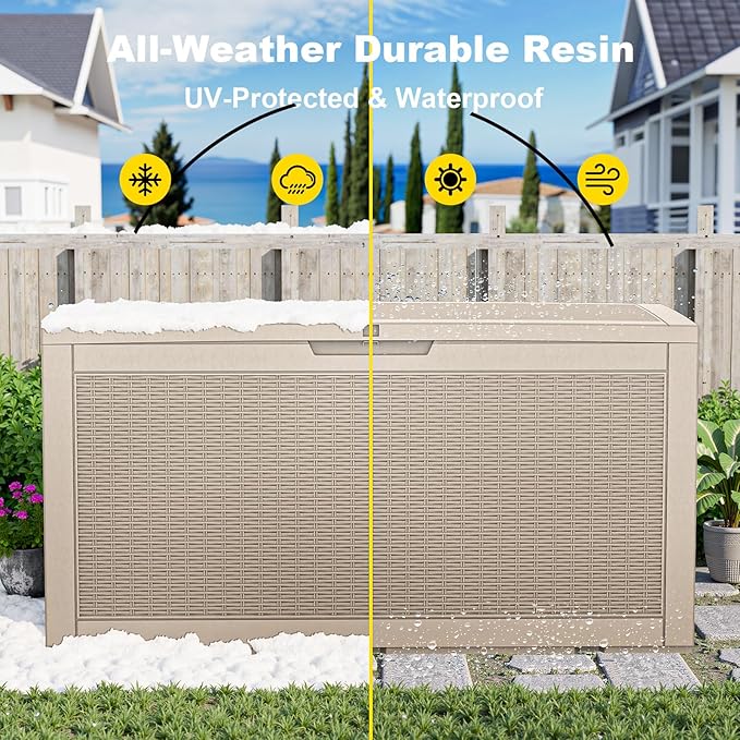 100 Gallon Waterproof Outdoor Storage Box,Resin Deck Box,Lockable Outside Storage Box Container for Patio Furniure,Garden,Pool Tools (100 Gallon,Grey pattern)