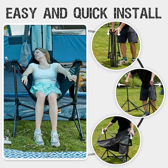 Portal Hammock Camping Chair, Portable Outdoor Swinging Chairs, Rocking Chair for Adults with Adjustable Back and Height for Lawn, Backyard, Patio, Supports 400 lbs, Breathable Mesh High Back, Black