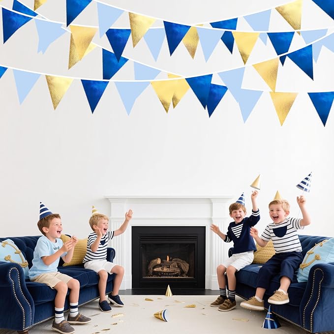 Gold Blue Party Decoration Gradient Blue and Gold Triangle Pennant Banner Flag Metallic Fabric Bunting Garland for Nautical Ahoy Achor Birthday Graduation Retirement Wedding Baby Shower Party Supplies