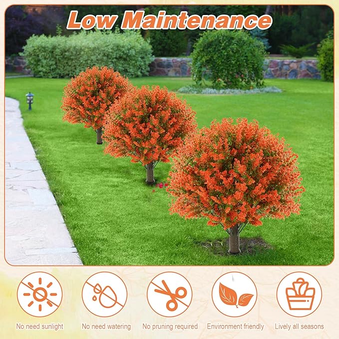 Yunlly 6 Pcs 18 Inch Fall Artificial Boxwood Ball Topiary Tree Outdoor Plants Bush, UV Resistance Faux Shrub with Spike Fall Porch Decor for Indoor Garden Yard Porch Patio Decor (Orange)