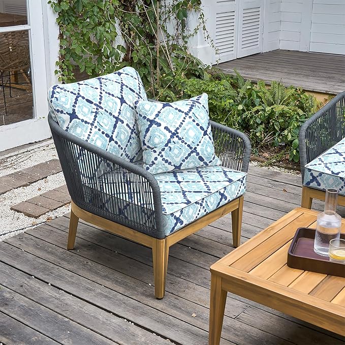 LVTXIII Outdoor Deep Seat Cushion Patio Seat and Back Cushion Set Seasonal Chair Cushion with Removable Cover and Adjustable Buckle for Home and Garden, 24"x24"x4", Boho Geometry Blue