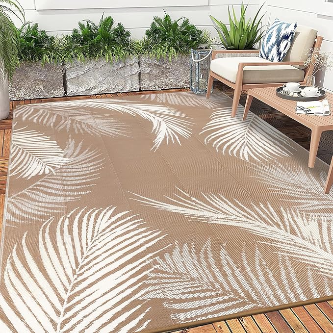 Pauwer Waterproof Outdoor Rug 8x10, Reversible Plastic Straw Patio Camping Rug, Indoor Outdoor RV Mat Carpet for Deck, Camper, Porch, Balcony, Backyard, Picnic, Leaf Brown