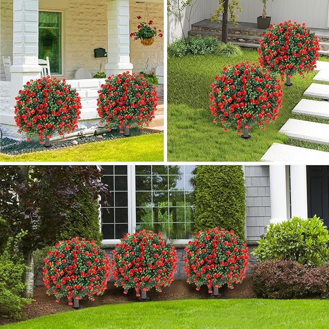 Artificial Red Rose Topiary Ball Tree 25" with Ground Spike, Set of 2 Artificial Boxwood Bushes for Faux Shrubs, Fake Evergreen Faux Plant for Indoor Outdoor Porch Garden -UV Resistant–Fade-Proof