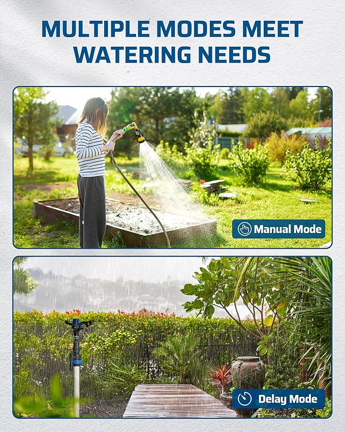 DEWENWlLS Sprinkler Timer, 4 Zone, Outdoor Faucet lrigation, Rain Delay & Manual, Programmable Water Hose Timer for Holiday, Garden, Lawn, Vegetable Gardening, Potted Flowers