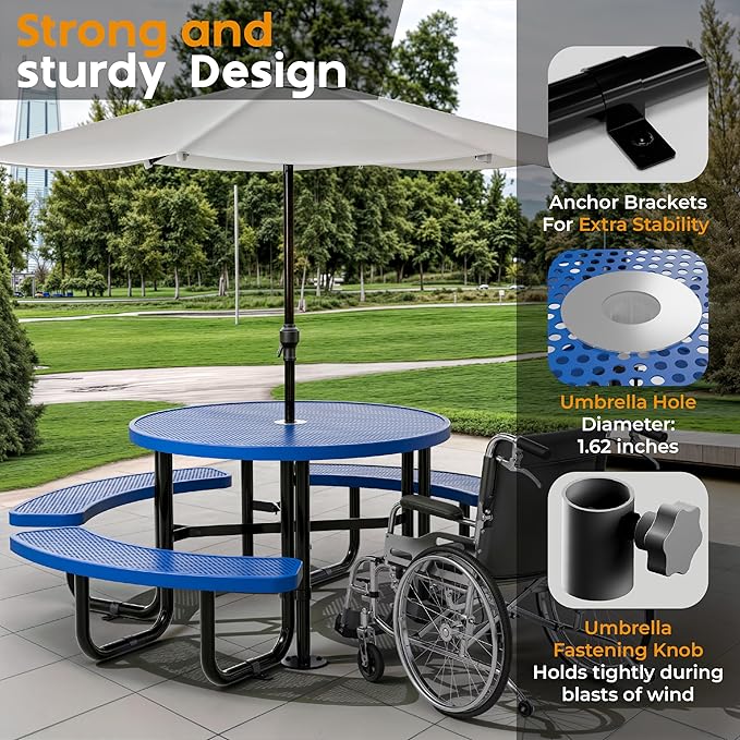 Metal Picnic Tables for Outdoors with Umbrella Hole - Coated Steel Heavy Duty Commercial Grade Table with Adjustable Seats (Blue, 46 in, Round, Punched Steel)