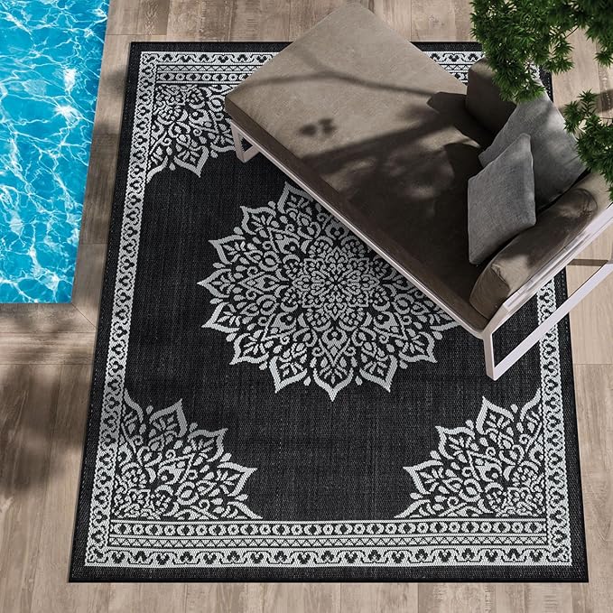 CAMILSON Indoor Outdoor Rug, 10x14 Medallion Black White Modern Area Rugs for Large Indoor and Outdoor Patios, Kitchen and Hallway Mats, Washable Porch Deck Outside Carpet (Medallion Black, 10 x 14)