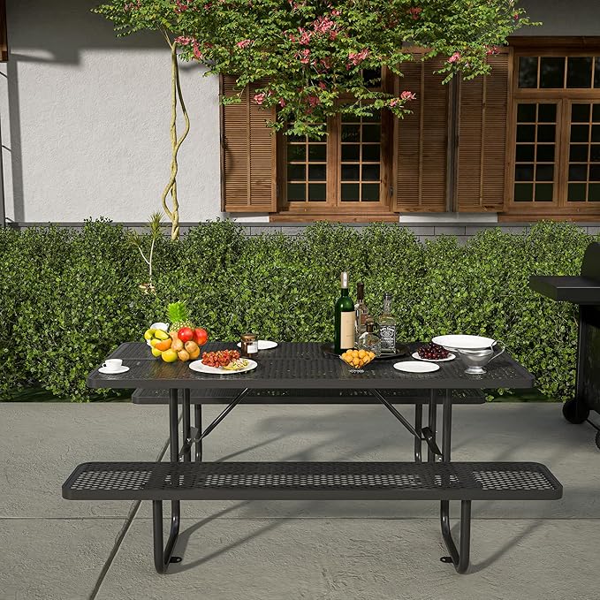72'' Steel Rectangular Picnic Table for Outdoors, Expanded, Lifetime Picnic Table with Umbrella Hole, Heavy Duty Sturdy Commercial Picnic Tables for Garden Courtyard BBQ, Black