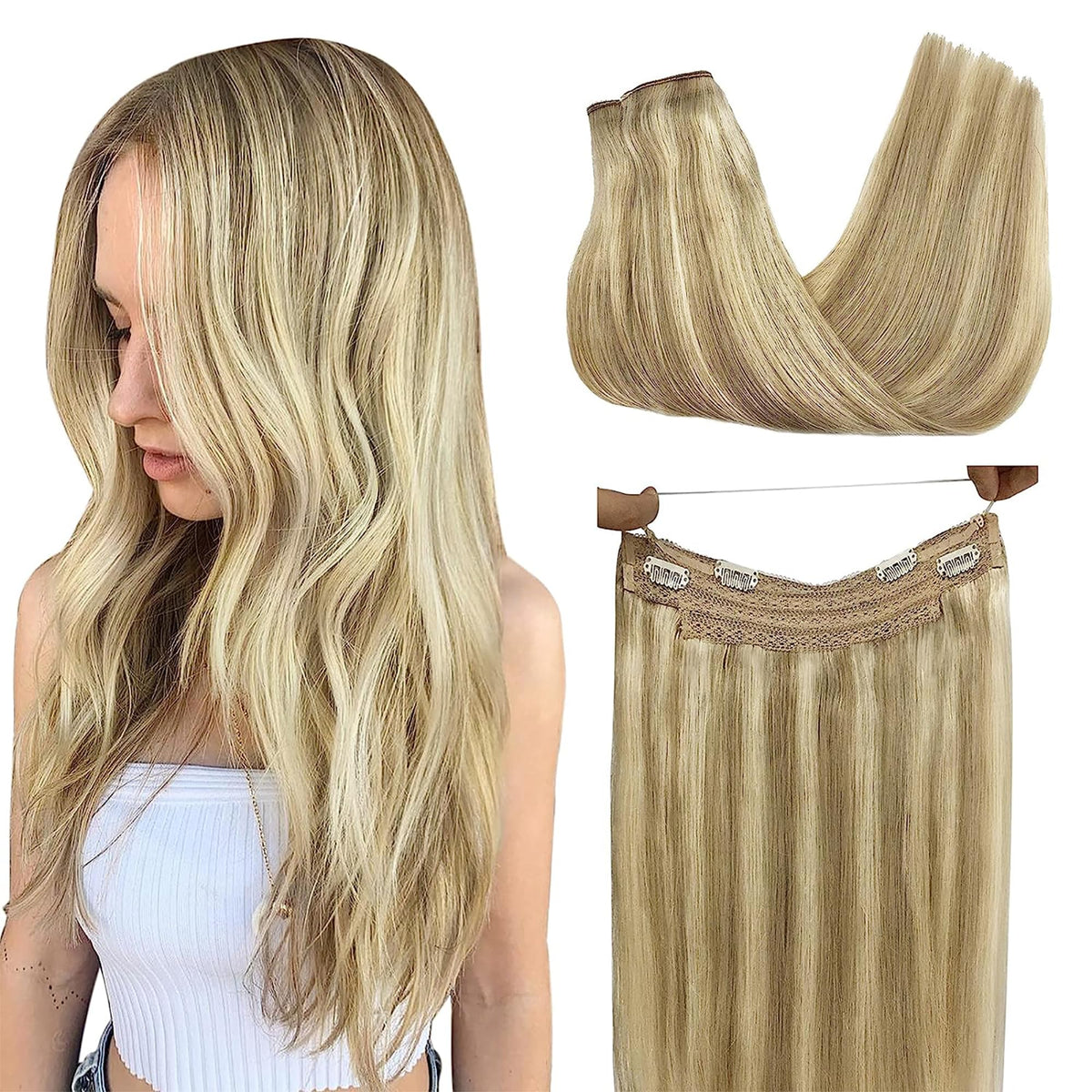 Goo Goo Wire Hair Extensions Human Hair, 16/22 Light Blondewith Mix Golden Blonde Highlighted 20Inch 110G, Invisible Wire Hair E
