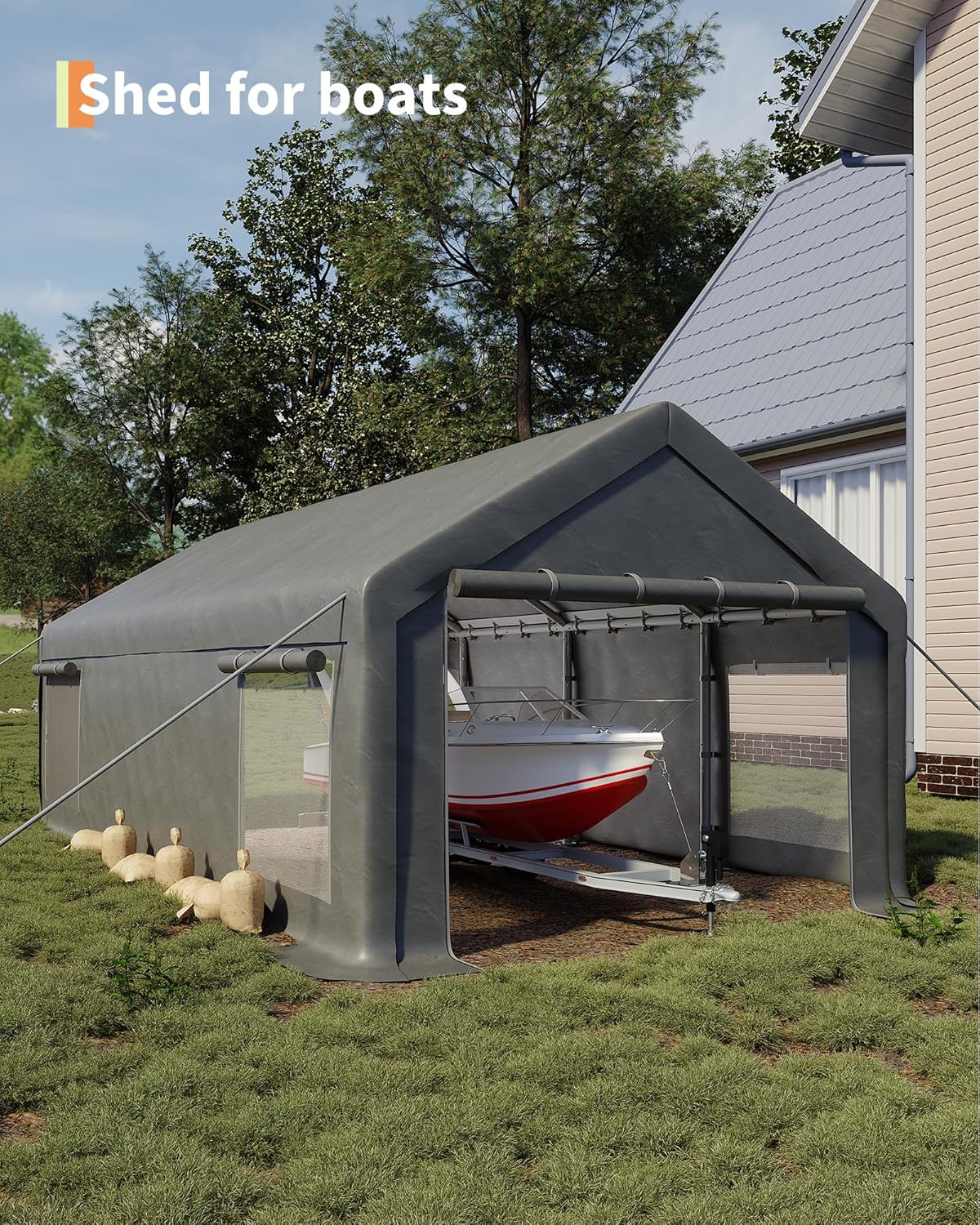 13x25 Ft Carport with 10 Sandbags, Car Port with 220g PE Tarp, 2 Roll-Up Doors, and 4 Windows, for Full-Size Pickups, Bass Boats, Tractors, and SUVs, Gray
